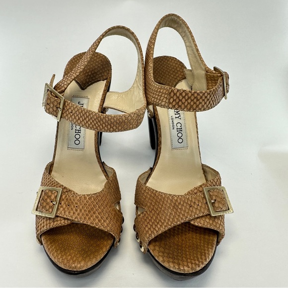 JIMMY CHOO Leather Snake Embossed Tan and Brown Wood High Heels. Size 38 US 8 - Picture 2 of 15